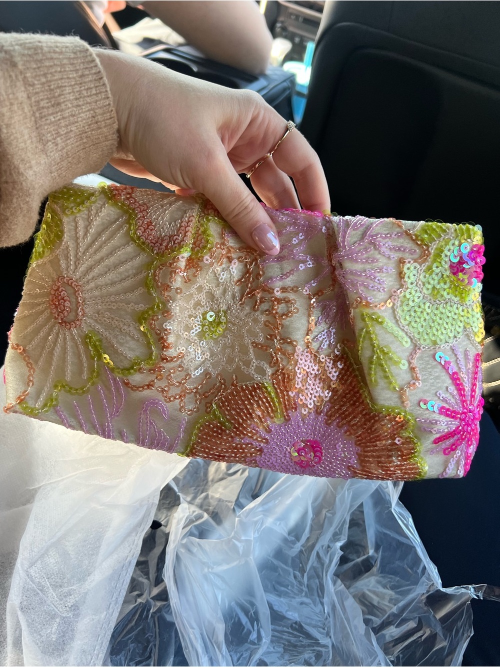 Embellished Floral Sequin Clutch — Pink & Green